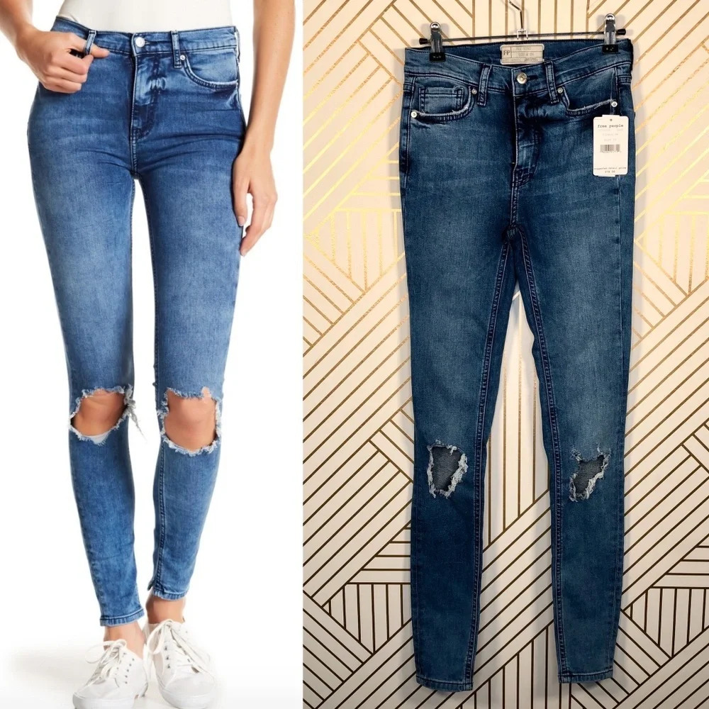 Free‎ People Busted Knee Skinny Jeans in Turquoise
